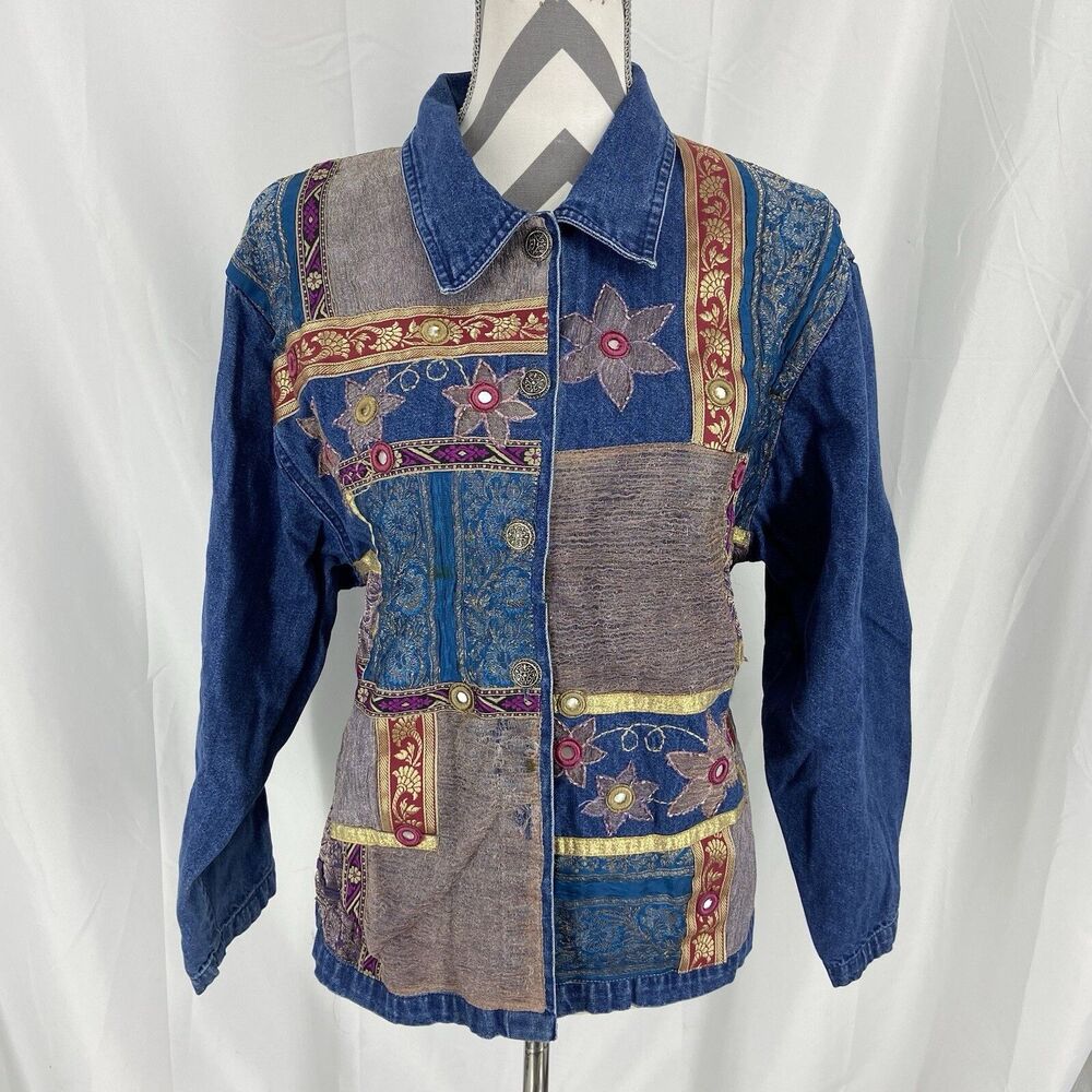Vintage Tantrum Blues Denim Jacket Size XL 14/16 Embroidered Floral 90's Granny